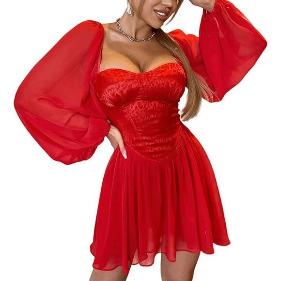 ❤️ Long Lantern Sleeve Satin Corset Cocktail Party Red Swing Dress SIZE L NEW - Picture 1 of 12